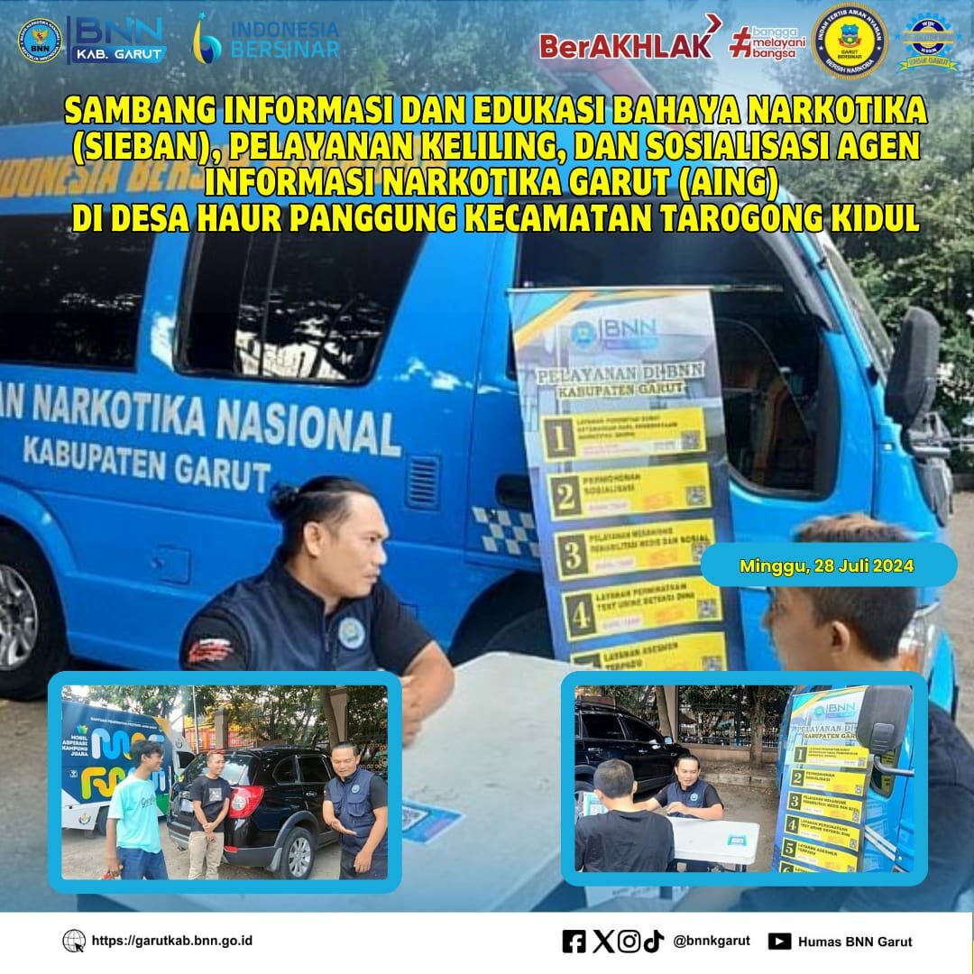 PIKET SIAGA P4GN BNNK GARUT SAMBANG INFORMASI DAN EDUKASI BAHAYA NARKOTIKA (SIEBAN), PELAYANAN KELILING, DAN SOSIALISASI AGEN INFORMASI NARKOTIKA GARUT (AING) DI DESA HAUR PANGGUNG PIKET SIAGA P4GN BNNK GARUT SAMBANG INFORMASI DAN EDUKASI BAHAYA NARKOTIKA (SIEBAN), PELAYANAN KELILING, DAN SOSIALISASI AGEN INFORMASI NARKOTIKA GARUT (AING) DI DESA HAUR PANGGUNG