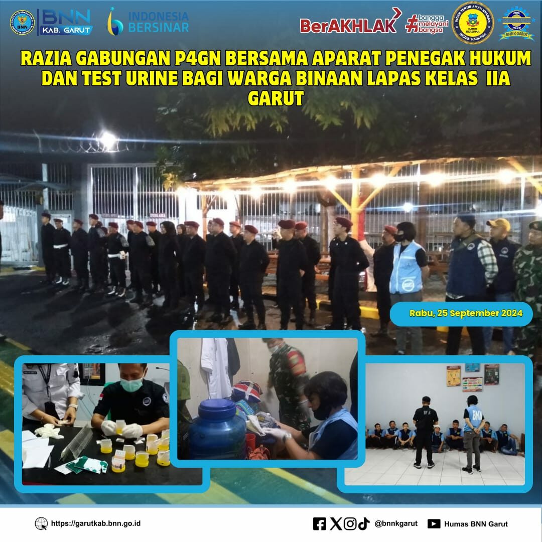 Kegiatan Razia Gabungan P4GN Bersama Aparat Penegak Hukum dan Test urine bagi Warga Binaan Lapas Kelas IIA Garut Kegiatan Razia Gabungan P4GN Bersama Aparat Penegak Hukum dan Test urine bagi Warga Binaan Lapas Kelas IIA Garut