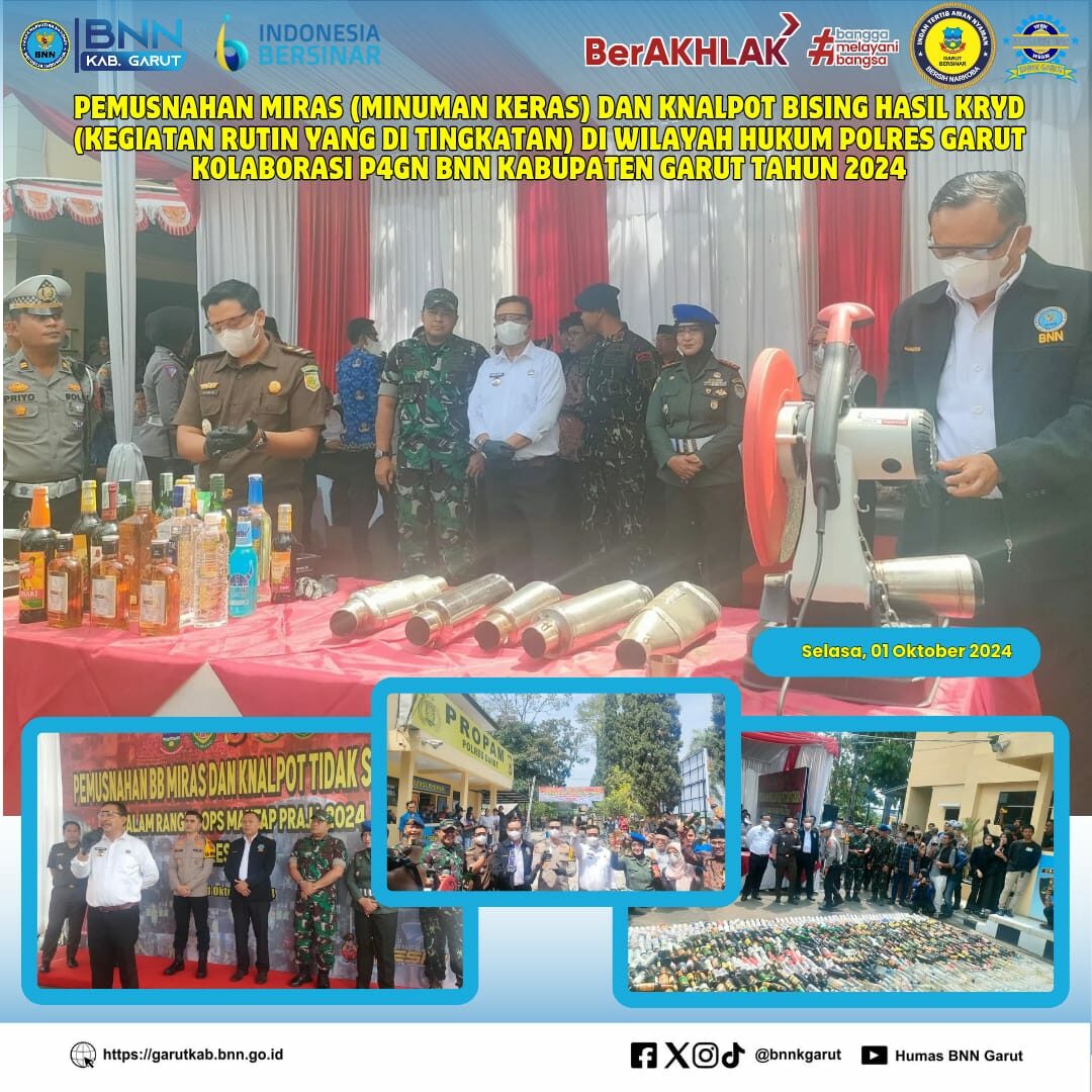 Pemusnahan MIRAS (Minuman Keras) dan Knalpot Bising Hasil KRYD (Kegiatan Rutin Yang di Tingkatan) di Wilayah Hukum Polres Garut Kolaborasi P4GN BNN Kabupaten Garut Tahun 2024 Pemusnahan MIRAS (Minuman Keras) dan Knalpot Bising Hasil KRYD (Kegiatan Rutin Yang di Tingkatan) di Wilayah Hukum Polres Garut Kolaborasi P4GN BNN Kabupaten Garut Tahun 2024