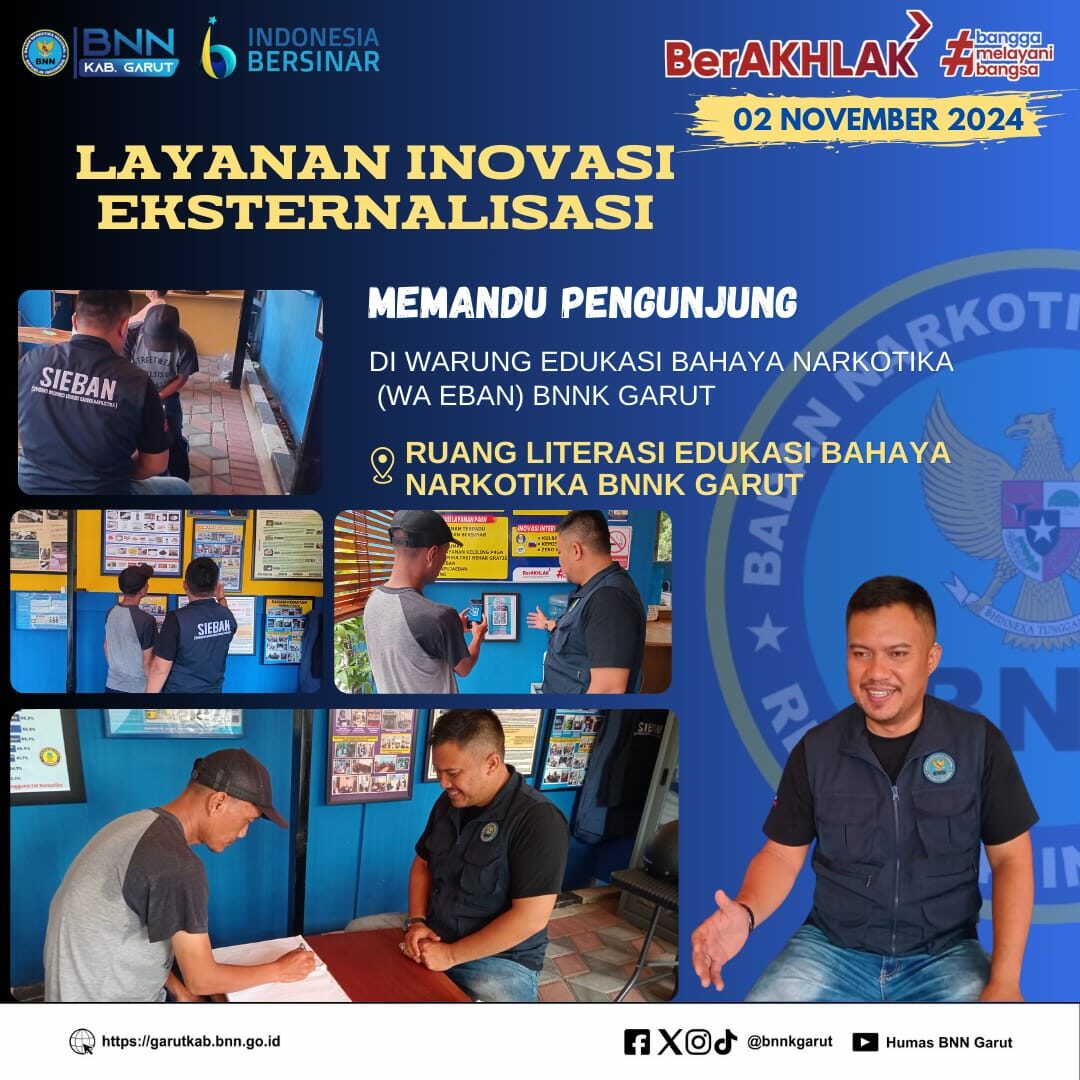 LAYANAN INOVASI EKSTERNALISASI BNNK GARUT, MEMANDU PENGUNJUNG DI WARUNG EDUKASI BAHAYA NARKOTIKA (WA EBAN) BNNK GARUT LAYANAN INOVASI EKSTERNALISASI BNNK GARUT, MEMANDU PENGUNJUNG DI WARUNG EDUKASI BAHAYA NARKOTIKA (WA EBAN) BNNK GARUT