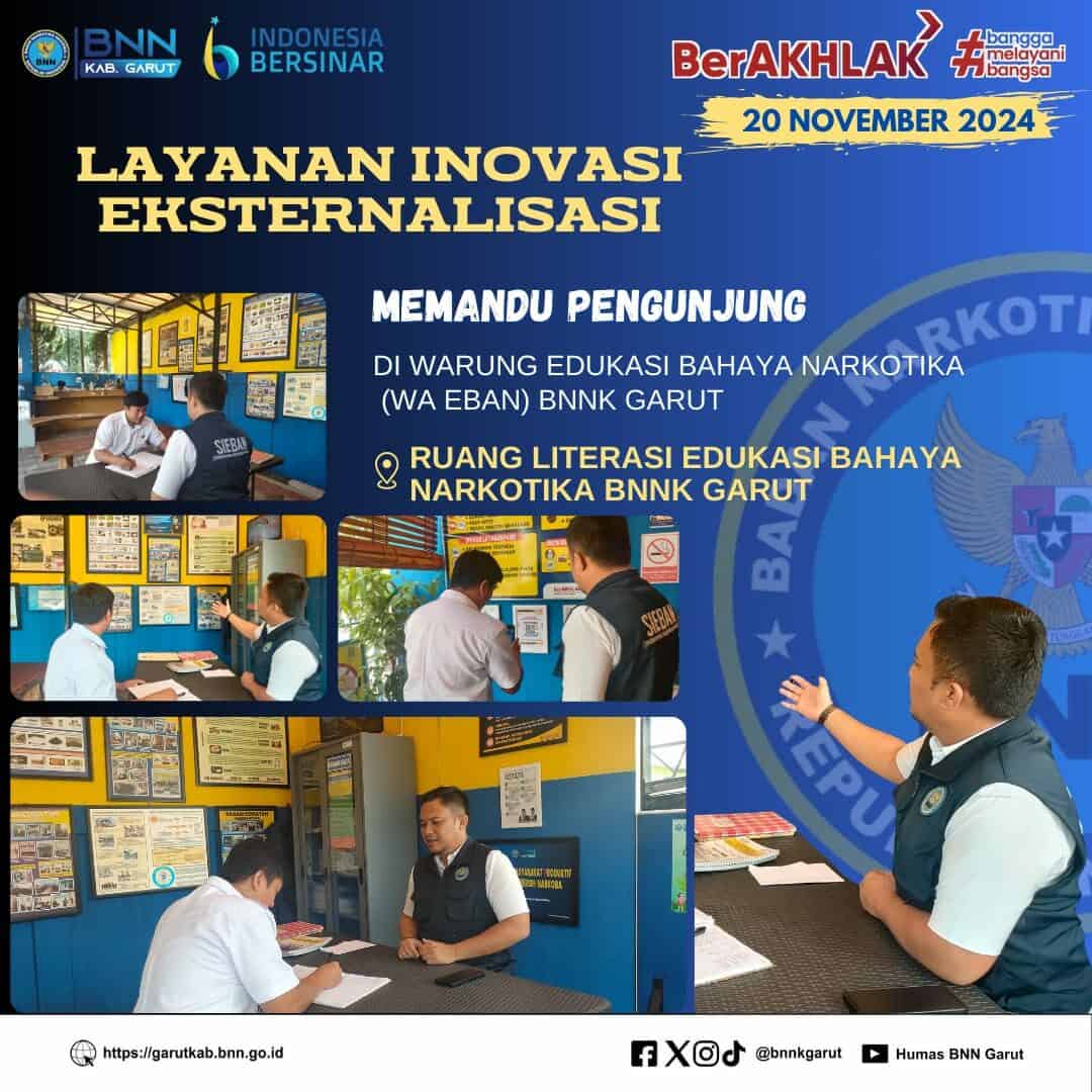 LAYANAN INOVASI EKSTERNALISASI BNNK GARUT, MEMANDU PENGUNJUNG DI WARUNG EDUKASI BAHAYA NARKOTIKA (WA EBAN) BNNK GARUT