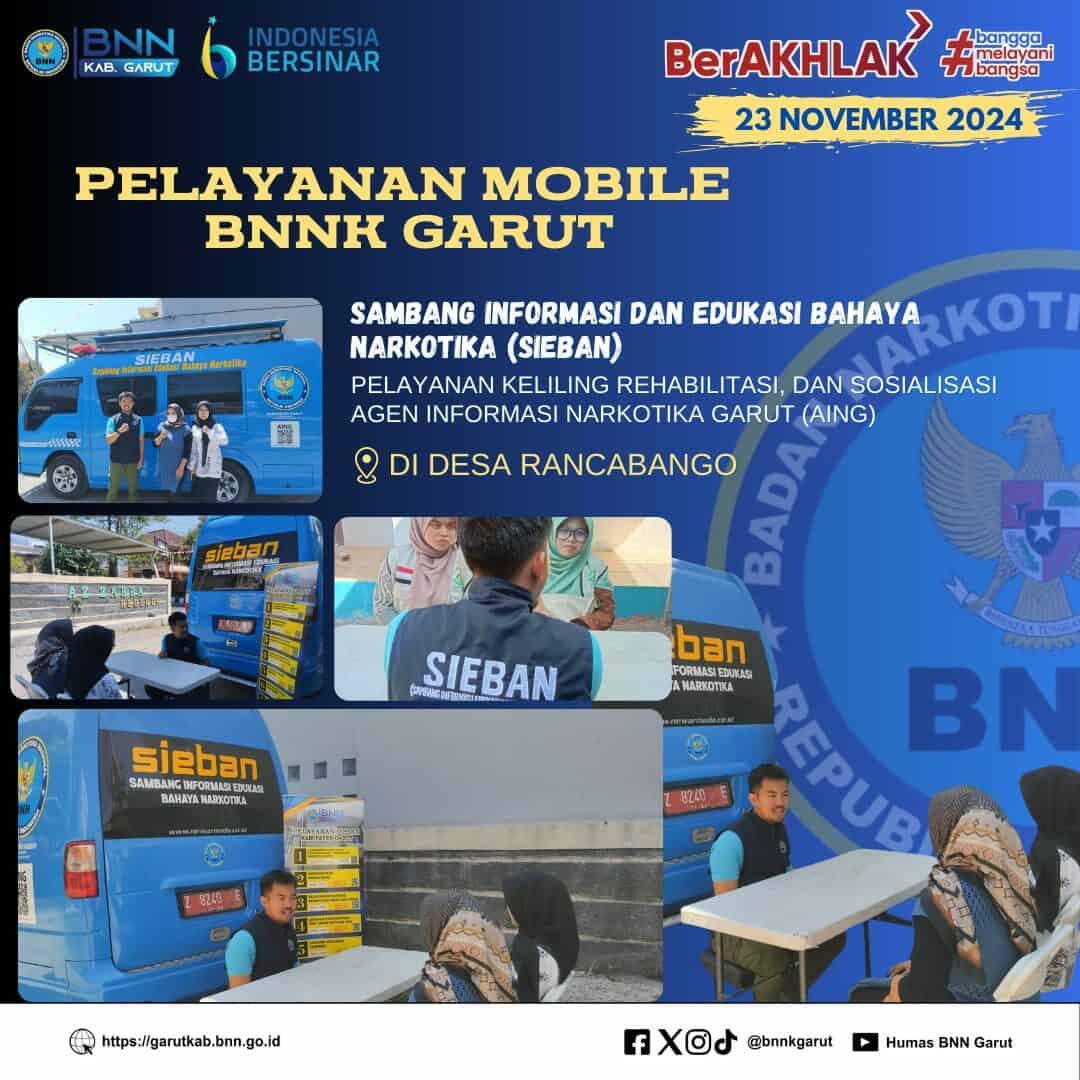 PELAYANAN MOBILE, SAMBANG INFORMASI DAN EDUKASI BAHAYA NARKOTIKA (SIEBAN), PELAYANAN KELILING, DAN SOSIALISASI AGEN INFORMASI NARKOTIKA GARUT (AING) DI DESA RANCABANGO PELAYANAN MOBILE, SAMBANG INFORMASI DAN EDUKASI BAHAYA NARKOTIKA (SIEBAN), PELAYANAN KELILING, DAN SOSIALISASI AGEN INFORMASI NARKOTIKA GARUT (AING) DI KELURAHAN SUKAKARYA