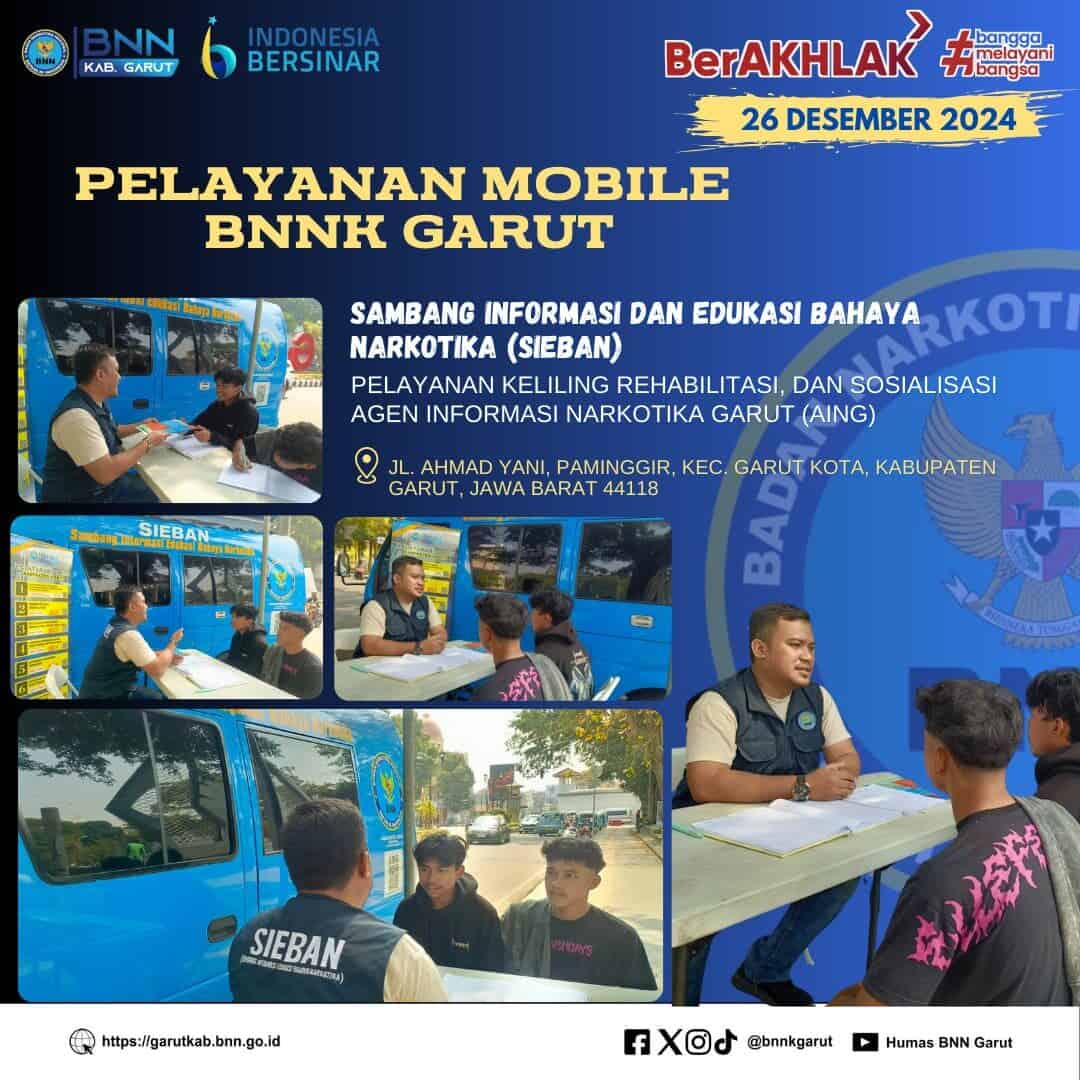PELAYANAN MOBILE, SAMBANG INFORMASI DAN EDUKASI BAHAYA NARKOTIKA (SIEBAN), PELAYANAN KELILING, DAN SOSIALISASI AGEN INFORMASI NARKOTIKA GARUT (AING) DI KELURAHAN PAMINGGIR PELAYANAN MOBILE, SAMBANG INFORMASI DAN EDUKASI BAHAYA NARKOTIKA (SIEBAN), PELAYANAN KELILING, DAN SOSIALISASI AGEN INFORMASI NARKOTIKA GARUT (AING) DI KELURAHAN PAMINGGIR