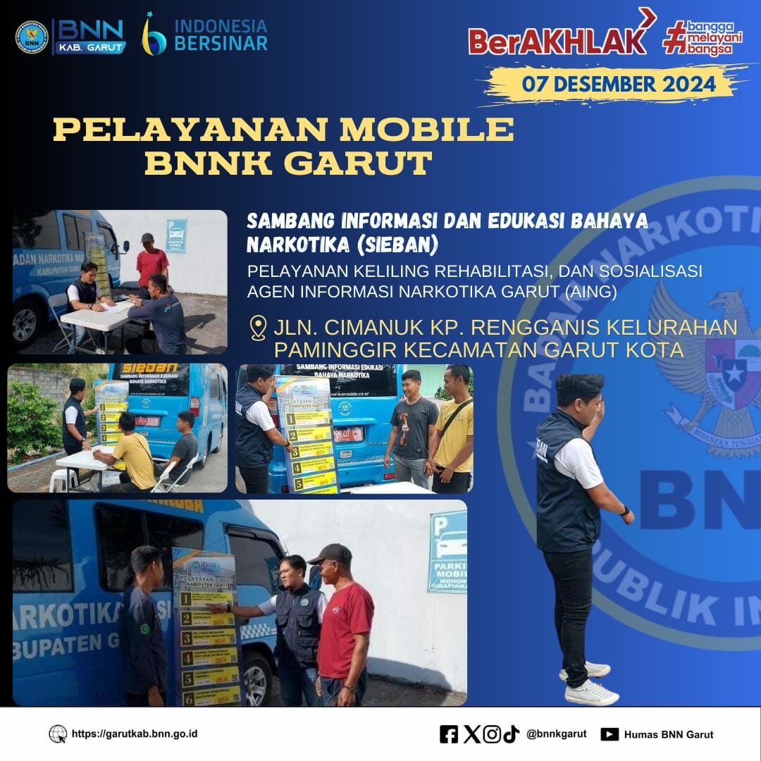 PELAYANAN MOBILE, SAMBANG INFORMASI DAN EDUKASI BAHAYA NARKOTIKA (SIEBAN), PELAYANAN KELILING, DAN SOSIALISASI AGEN INFORMASI NARKOTIKA GARUT (AING) DI KELURAHAN PAMINGGIR PELAYANAN MOBILE, SAMBANG INFORMASI DAN EDUKASI BAHAYA NARKOTIKA (SIEBAN), PELAYANAN KELILING, DAN SOSIALISASI AGEN INFORMASI NARKOTIKA GARUT (AING) DI KELURAHAN PAMINGGIR