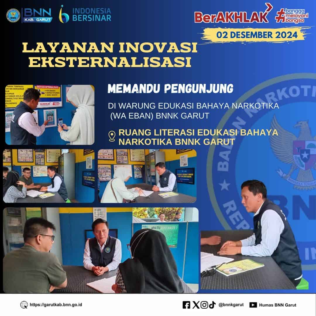 BNNK GARUT PERKUAT LAYANAN INOVASI EKSTERNALISASI, MEMANDU PENGUNJUNG DI WARUNG EDUKASI BAHAYA NARKOTIKA (WA EBAN) BNNK GARUT
