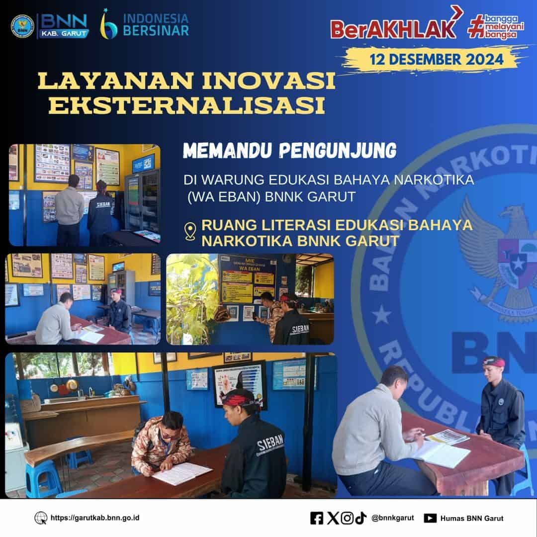 LAYANAN INOVASI EKSTERNALISASI, BNNK GARUT MEMANDU PENGUNJUNG DI WARUNG EDUKASI BAHAYA NARKOTIKA (WA EBAN) PERKUAT LAYANAN INOVASI EKSTERNALISASI, BNNK GARUT MEMANDU PENGUNJUNG DI WARUNG EDUKASI BAHAYA NARKOTIKA (WA EBAN)