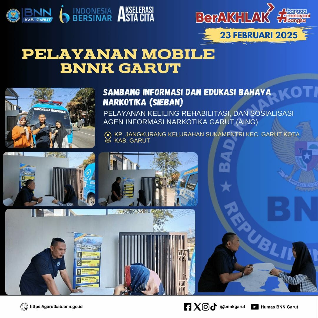 PELAYANAN MOBILE, SAMBANG INFORMASI DAN EDUKASI BAHAYA NARKOTIKA (SIEBAN), PELAYANAN KELILING, DAN SOSIALISASI AGEN INFORMASI NARKOTIKA GARUT (AING) DI KEL. SUKAMENTRI
