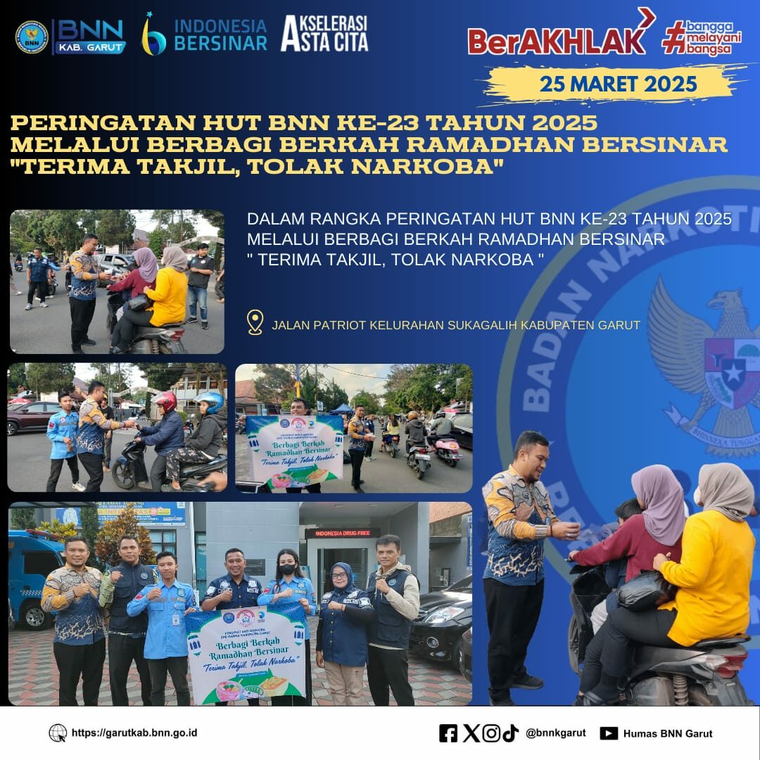 Dalam Rangka Peringatan HUT BNN RI Ke-23 Tahun 2025, BNNK Garut Bagi Takjil Kepada Masyarakat Garut