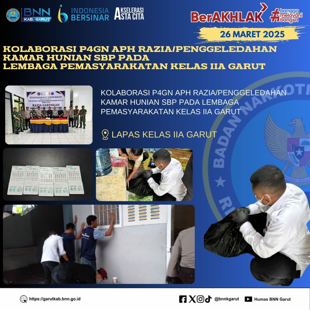 Kolaborasi P4GN BNNK Garut, Aparat Penegak Hukum, dan Lapas Kelas IIA Garut Melalui Razia Kamar Hunian WBP Lapas Kelas IIA Garut