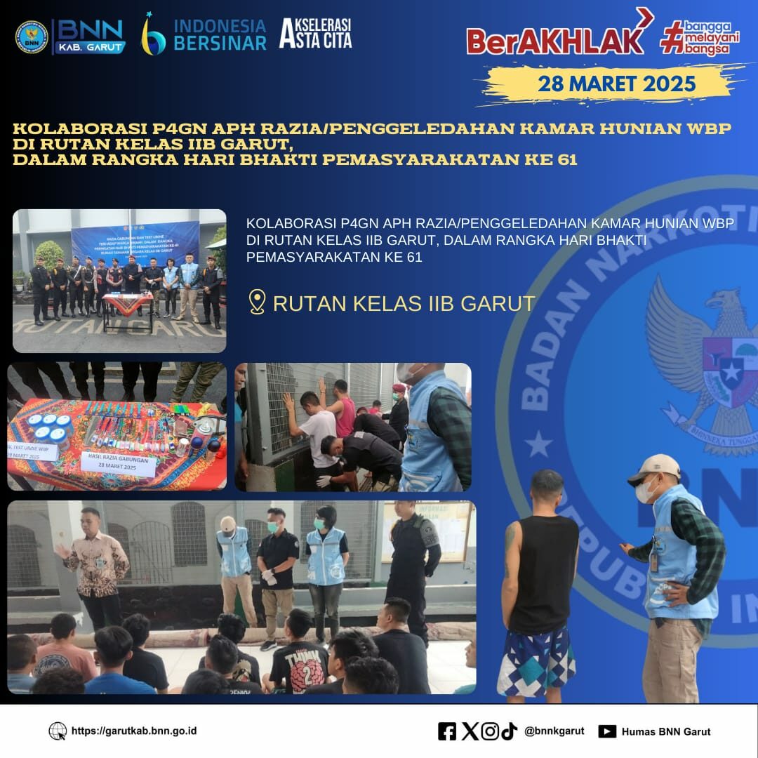 Kolaborasi P4GN BNNK Garut, Aparat Penegak Hukum, dan Rutan Kelas IIB Garut Melalui Razia Kamar Hunian WBP Rutan Kelas IIB Garut